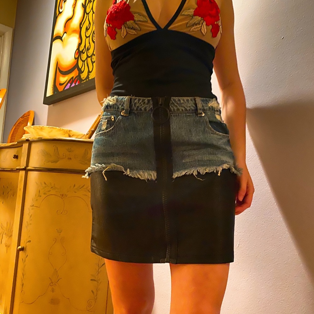 Denim & leather skirt